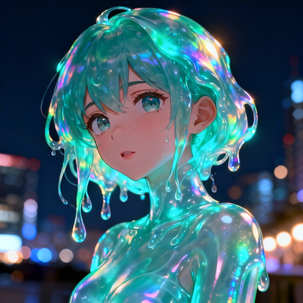 AI neon bioluminescent slime girl portrait