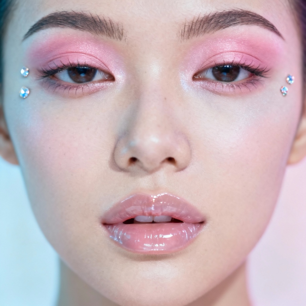 AI Y2K makeup filter with pink frosted eyeshadow, glossy lips, and face gems