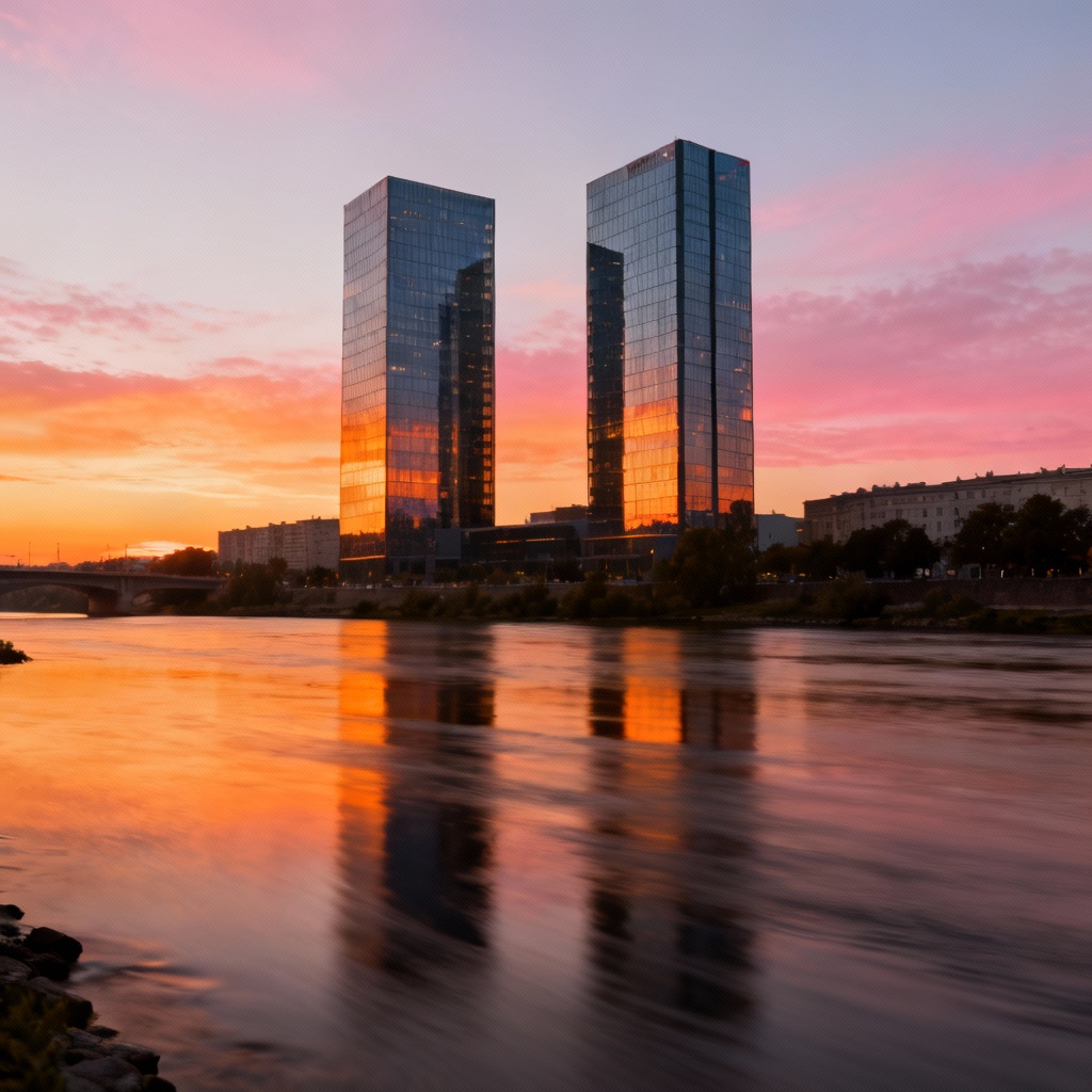 AI sunset waterfront city skyline