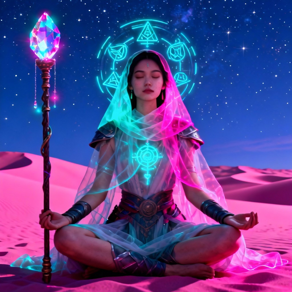 AI female neo nomad warrior priestess with holographic sigils