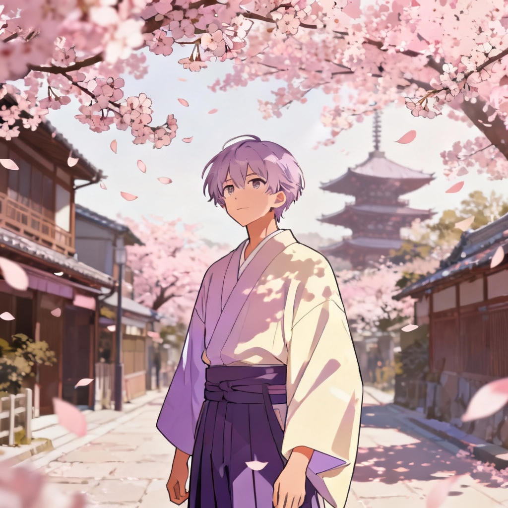 AI anime traveler beneath cherry blossoms in Kyoto