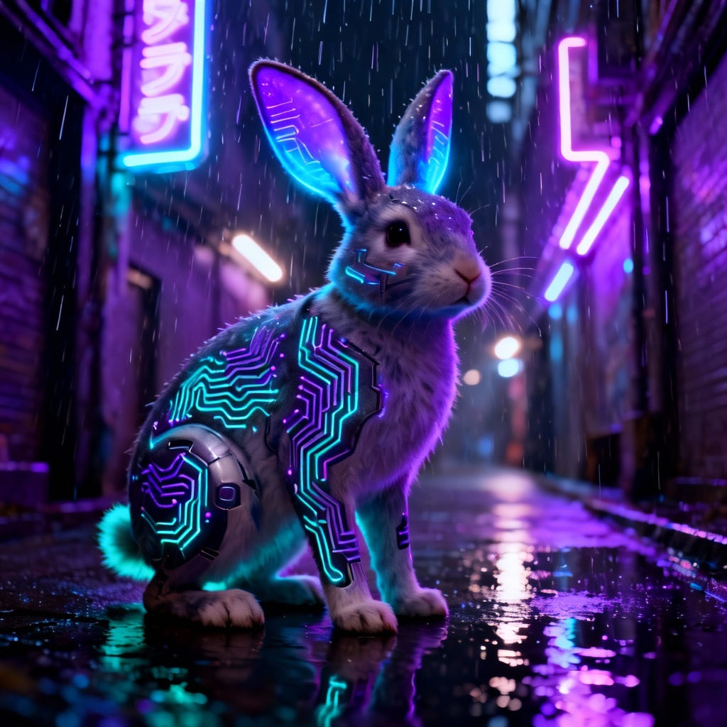 Cyberpunk rabbit with neon lights and holographic details