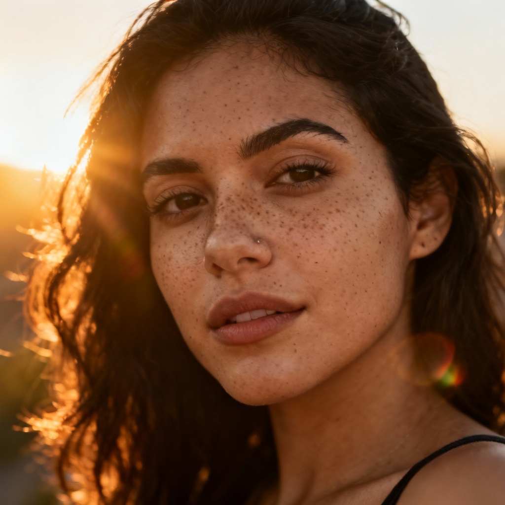 AI raw selfie at golden hour with warm backlight