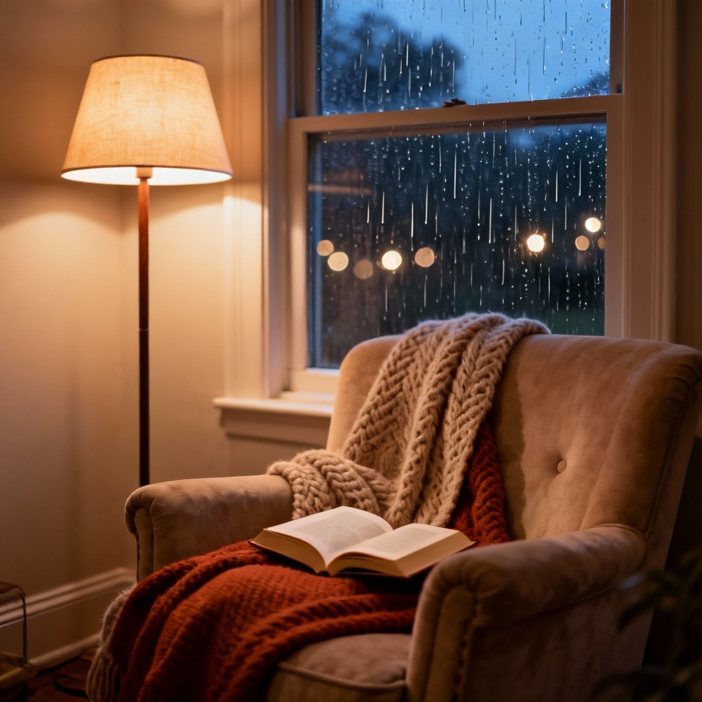 AI Rainy Window Reading Nook With Warm Lamp
