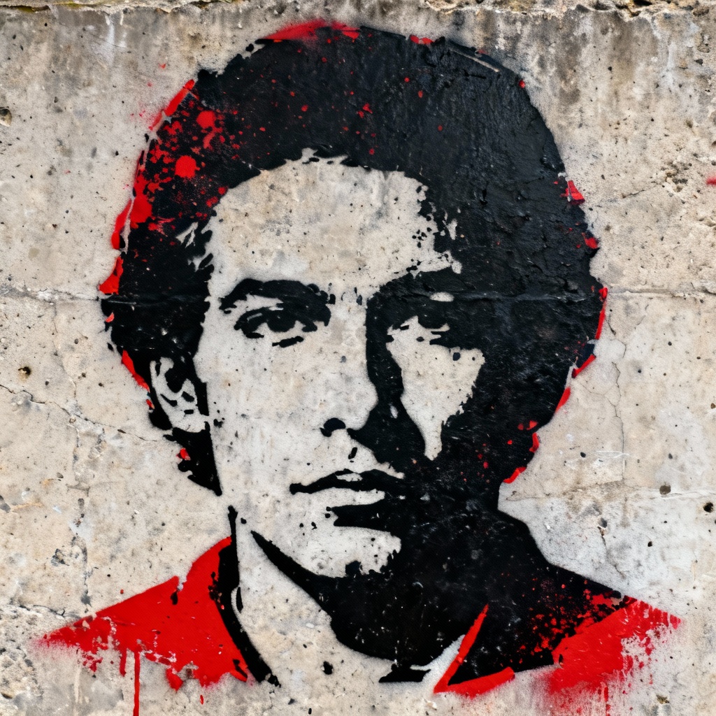 AI stencil street art portrait on concrete wall