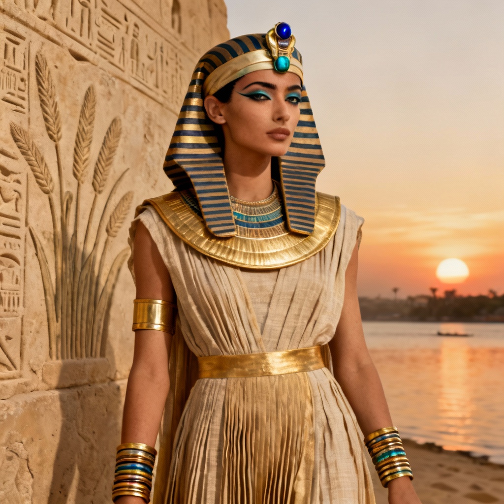 AI Ancient Egyptian fashion editorial with linen kalasiris and gold usekh collar