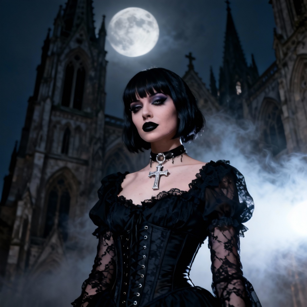 AI goth girlfriend portrait in moonlit gothic setting
