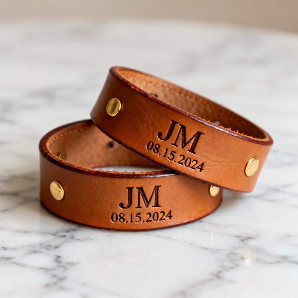 AI engraved tan leather wristbands with initials and date