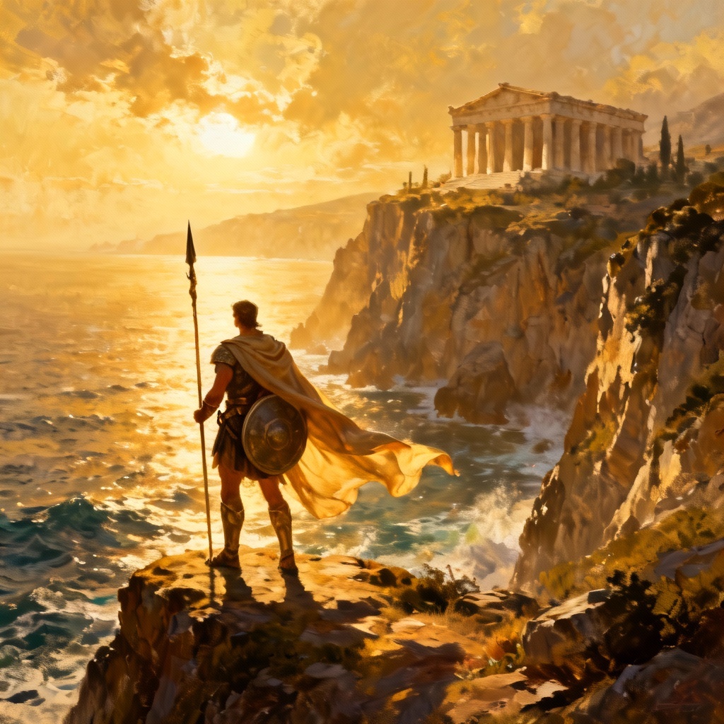 AI Wonder Woman on mythic island cliffs