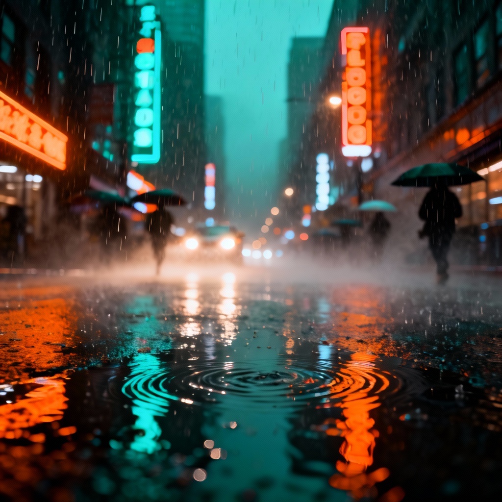 AI rainy city street with neon reflections at night