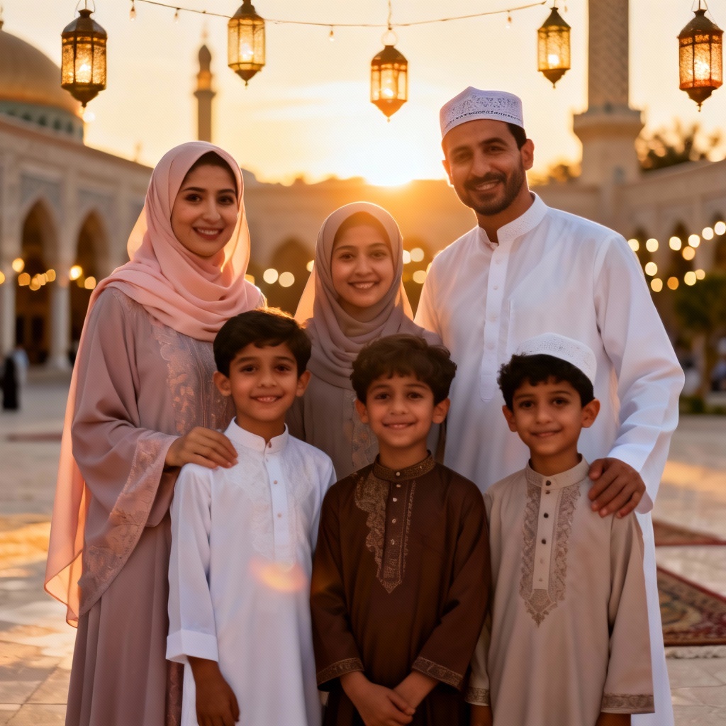 AI Eid Muslim family portrait in modest attire at sunset