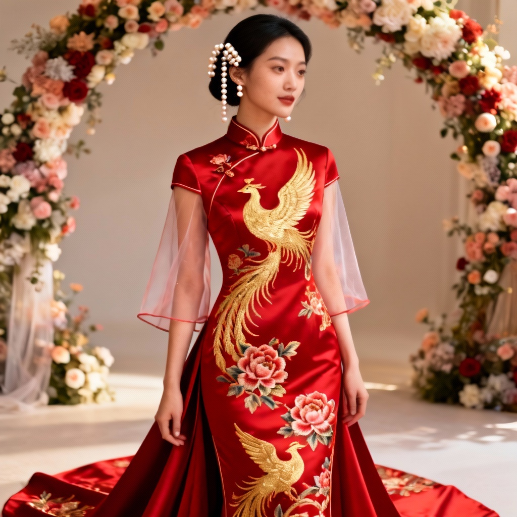 AI modern red bridal qipao with gold phoenix embroidery