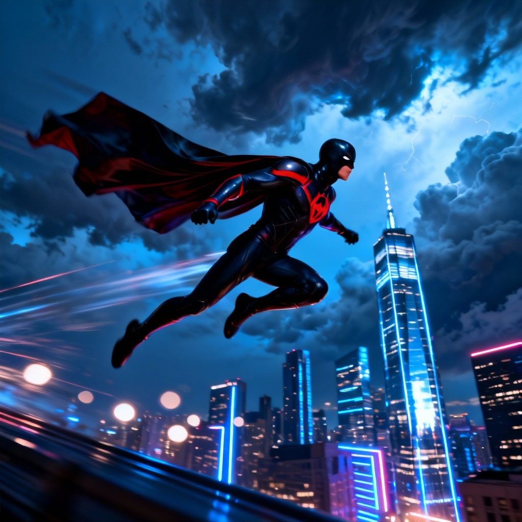 AI superhero flying over neon skyline