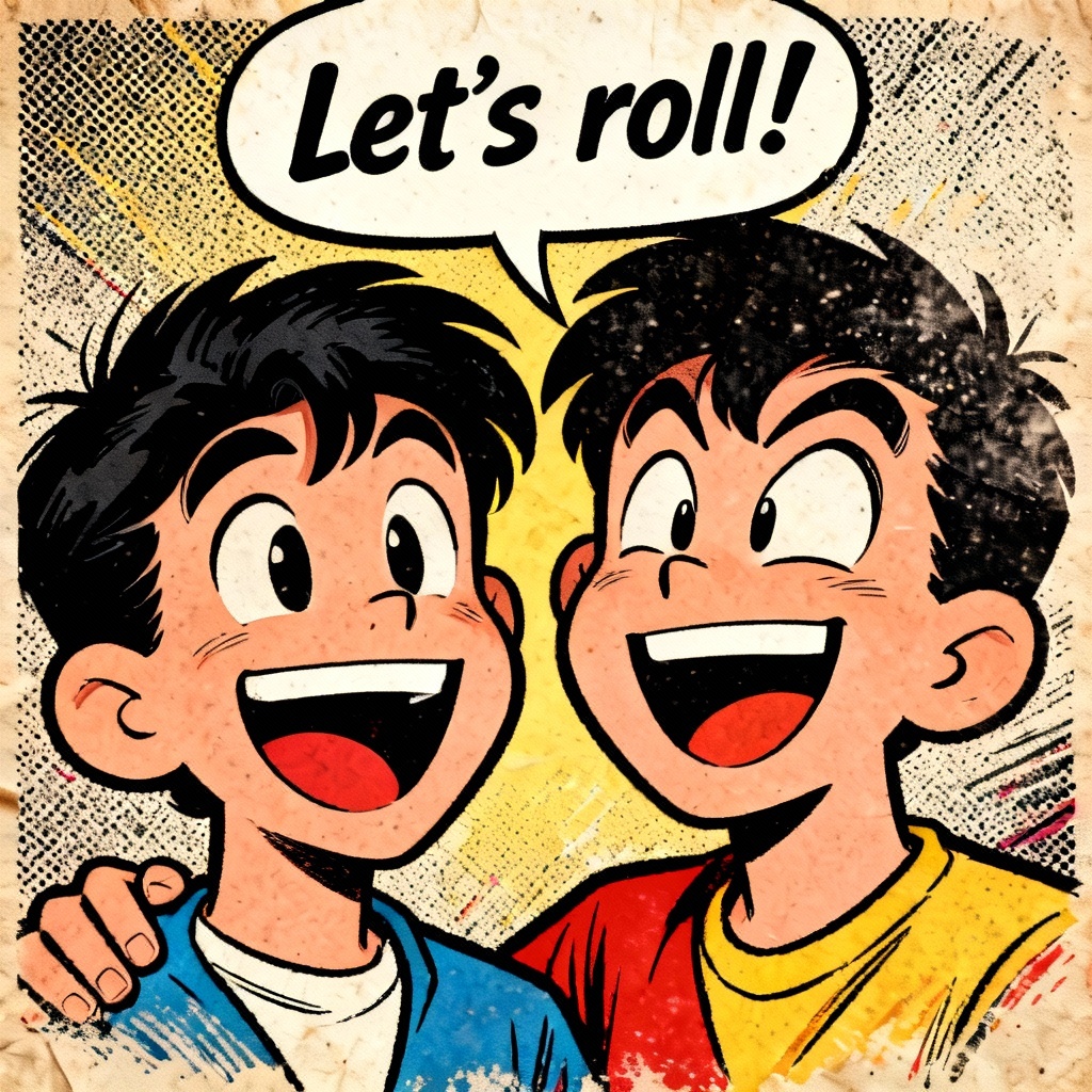 Retro 90s cartoon friends with halftone texture