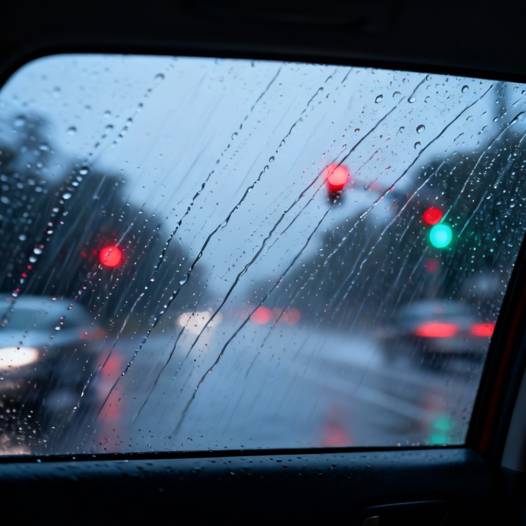 Windshield with rain streaks and blurred traffic lights