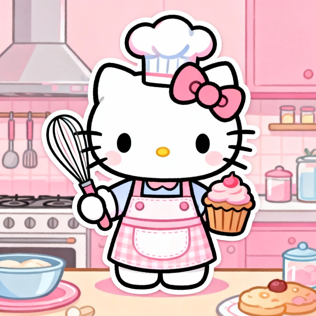 AI Hello Kitty style chibi chef cat baking cupcakes