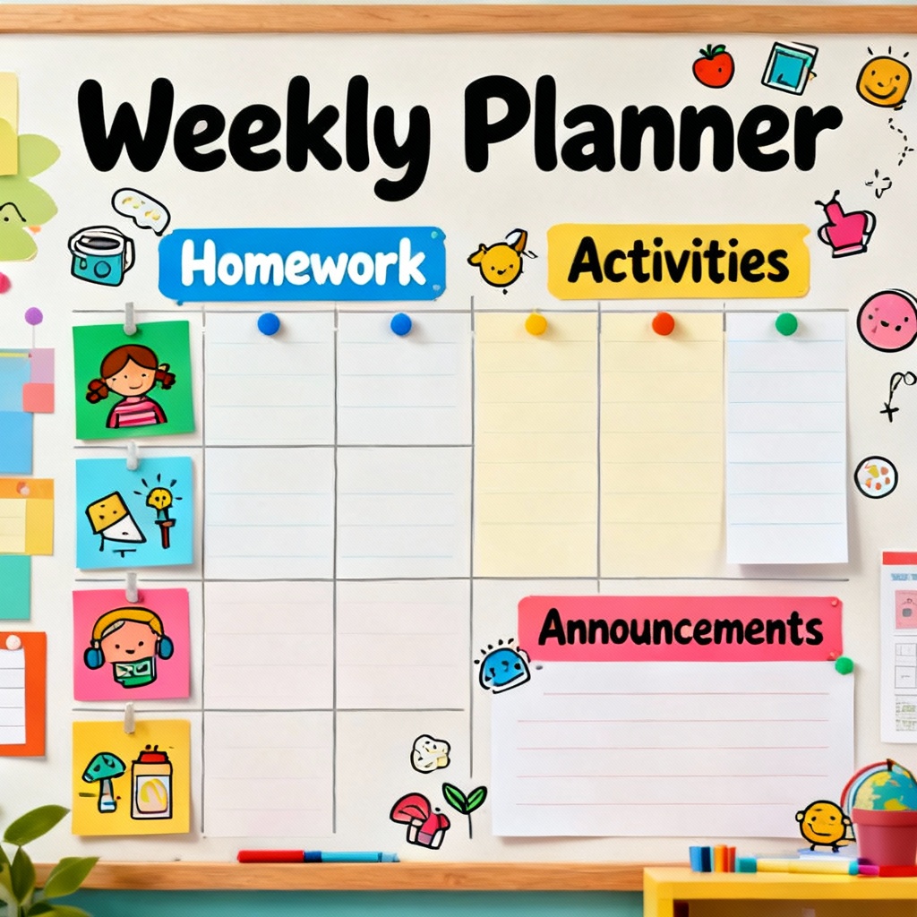 AI school weekly planner board with homework and activities