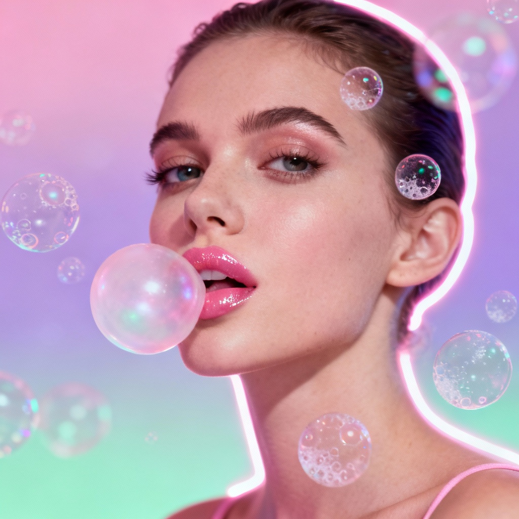 Editorial portrait featuring a glossy bubblegum bubble and fizz