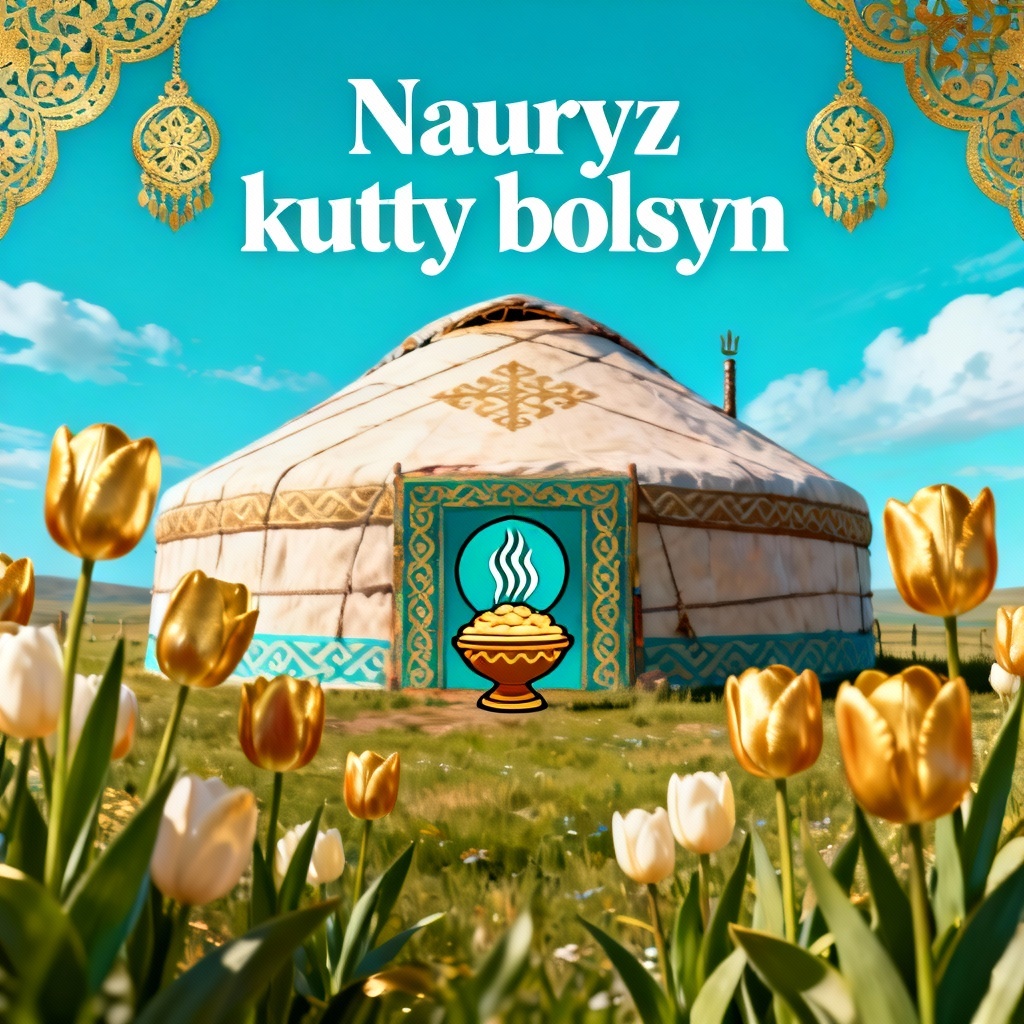 AI Nauryz festival poster with yurt and Kazakh ornaments