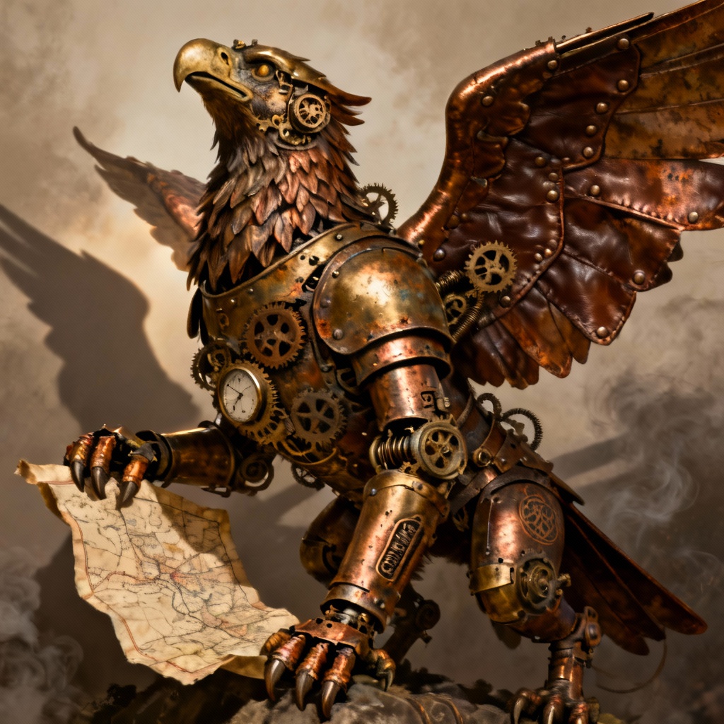 AI steampunk gryphon with brass gears