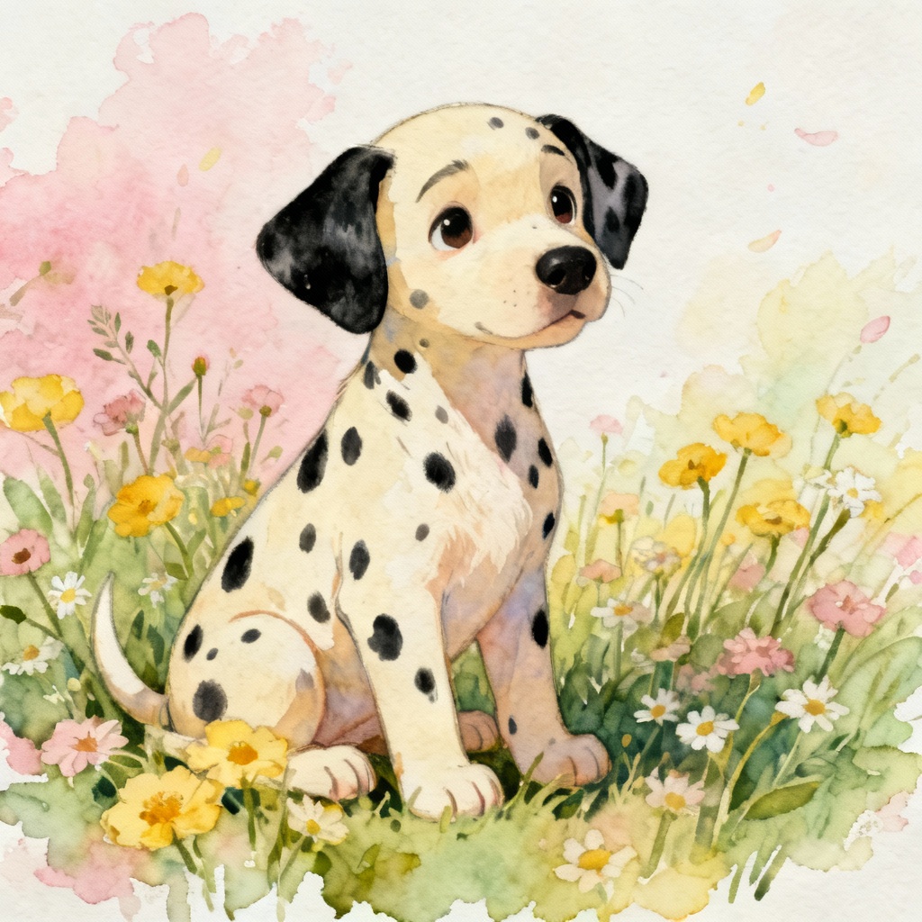 AI watercolor Dalmatian puppy with flowers