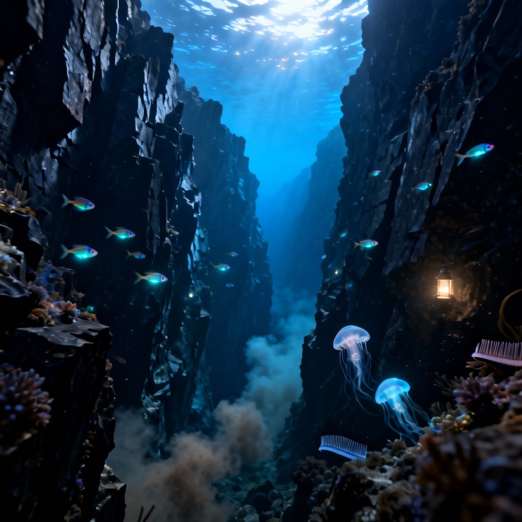 AI deep sea canyon with lanternfish and blue haze