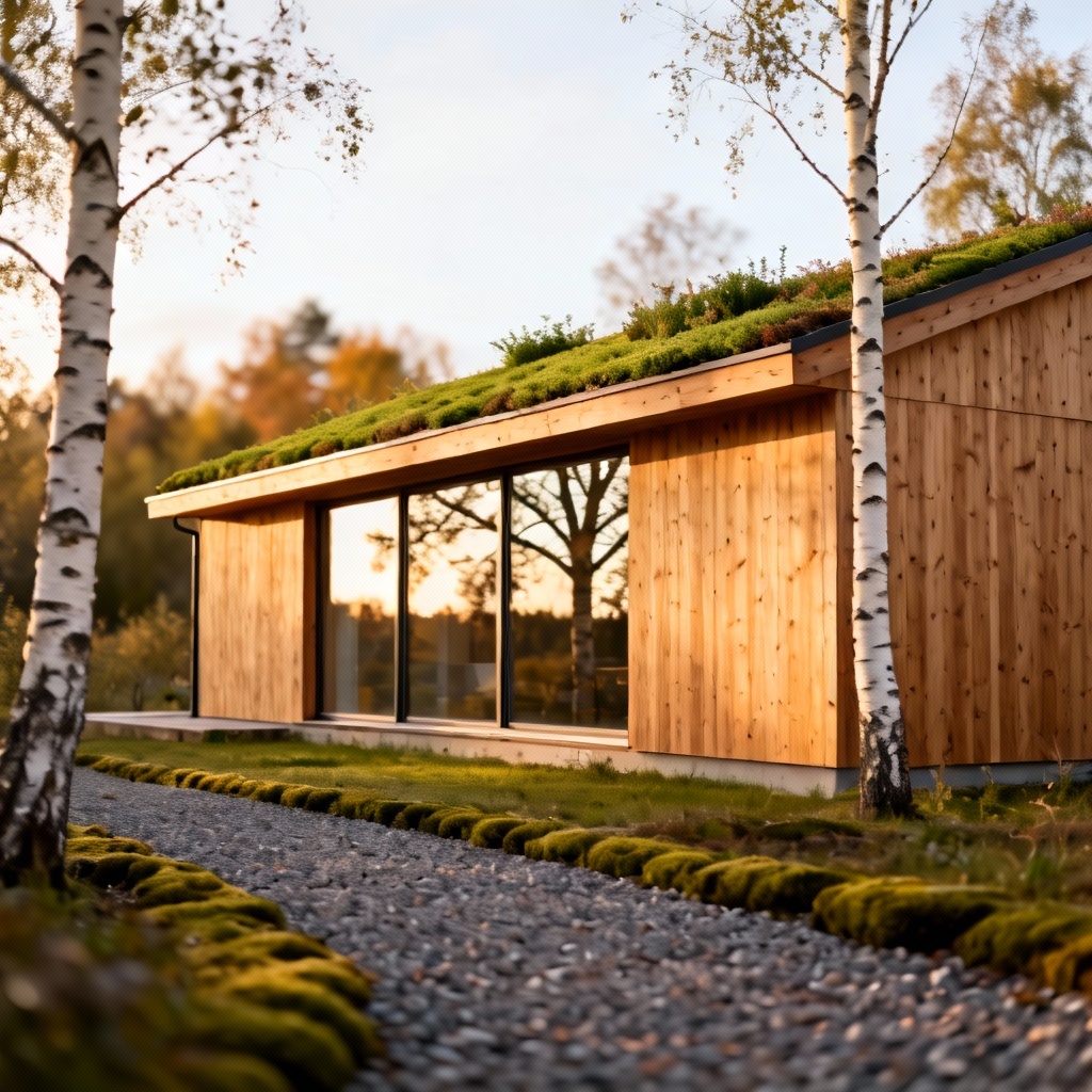 Scandinavian minimal wooden house exterior in birch grove