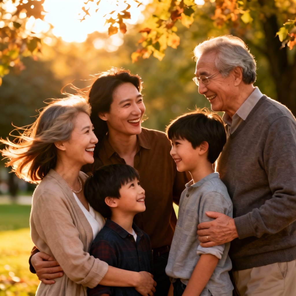 AI multigenerational family portrait at sunset