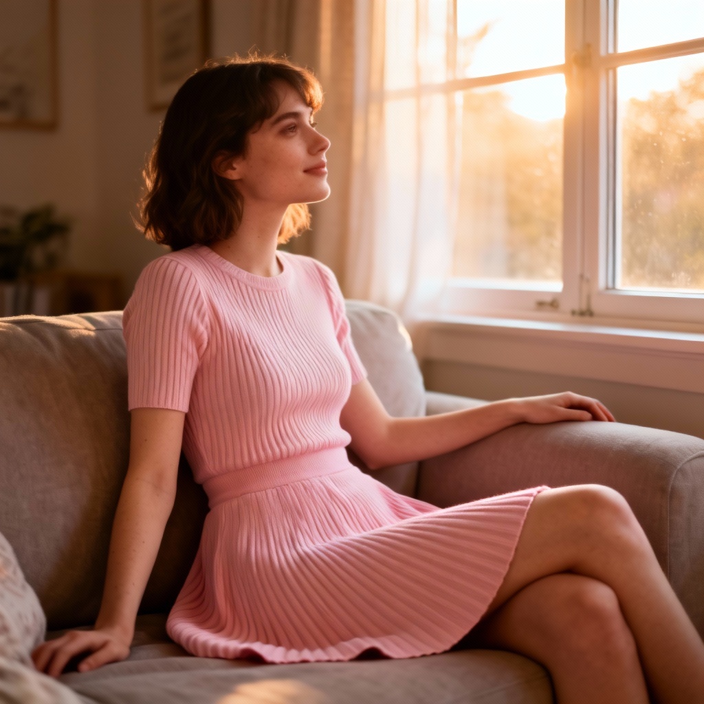 AI pastel pink knit day dress indoors
