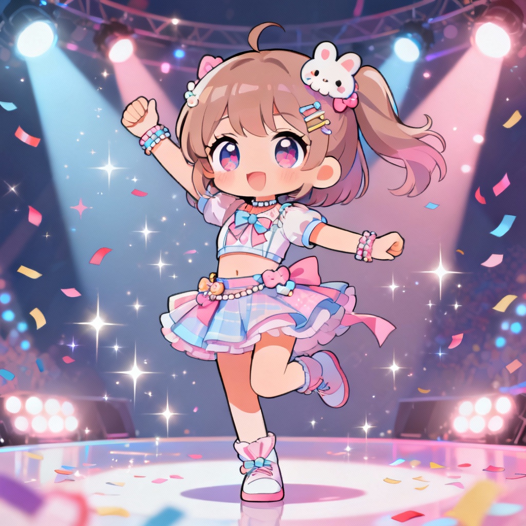 Chibi idol dancer character figure in vibrant stage lights