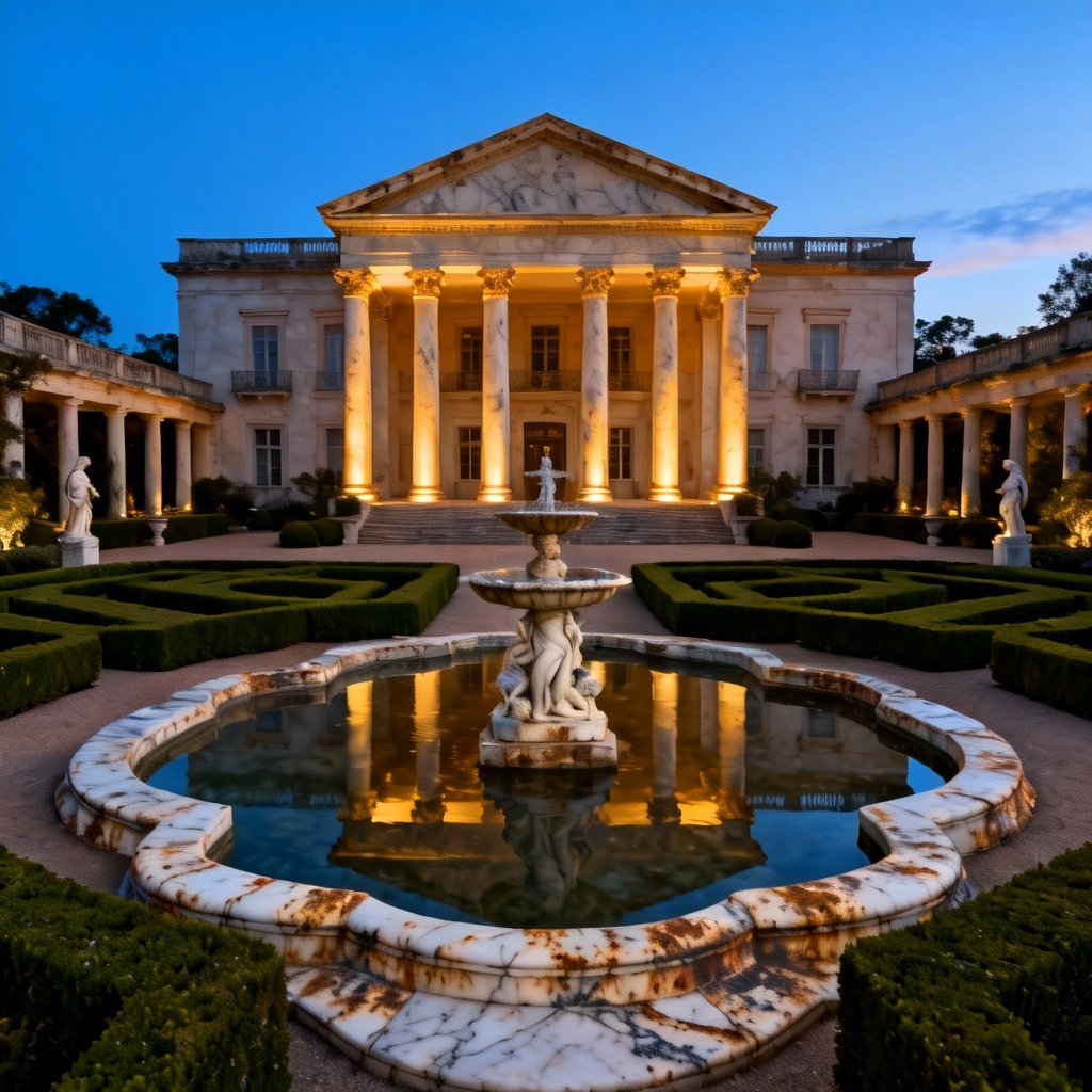AI neoclassical estate with grand columns and fountain courtyard