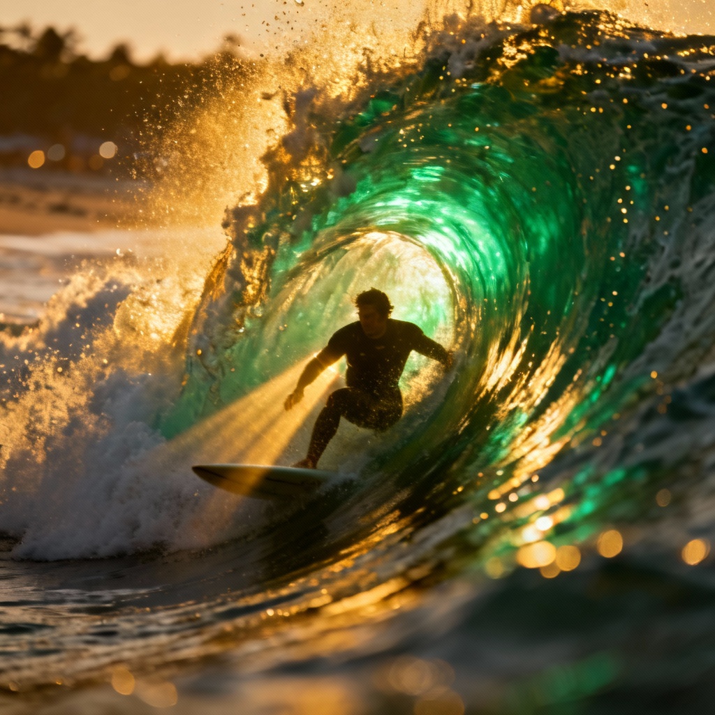 AI surfer inside a glowing wave barrel