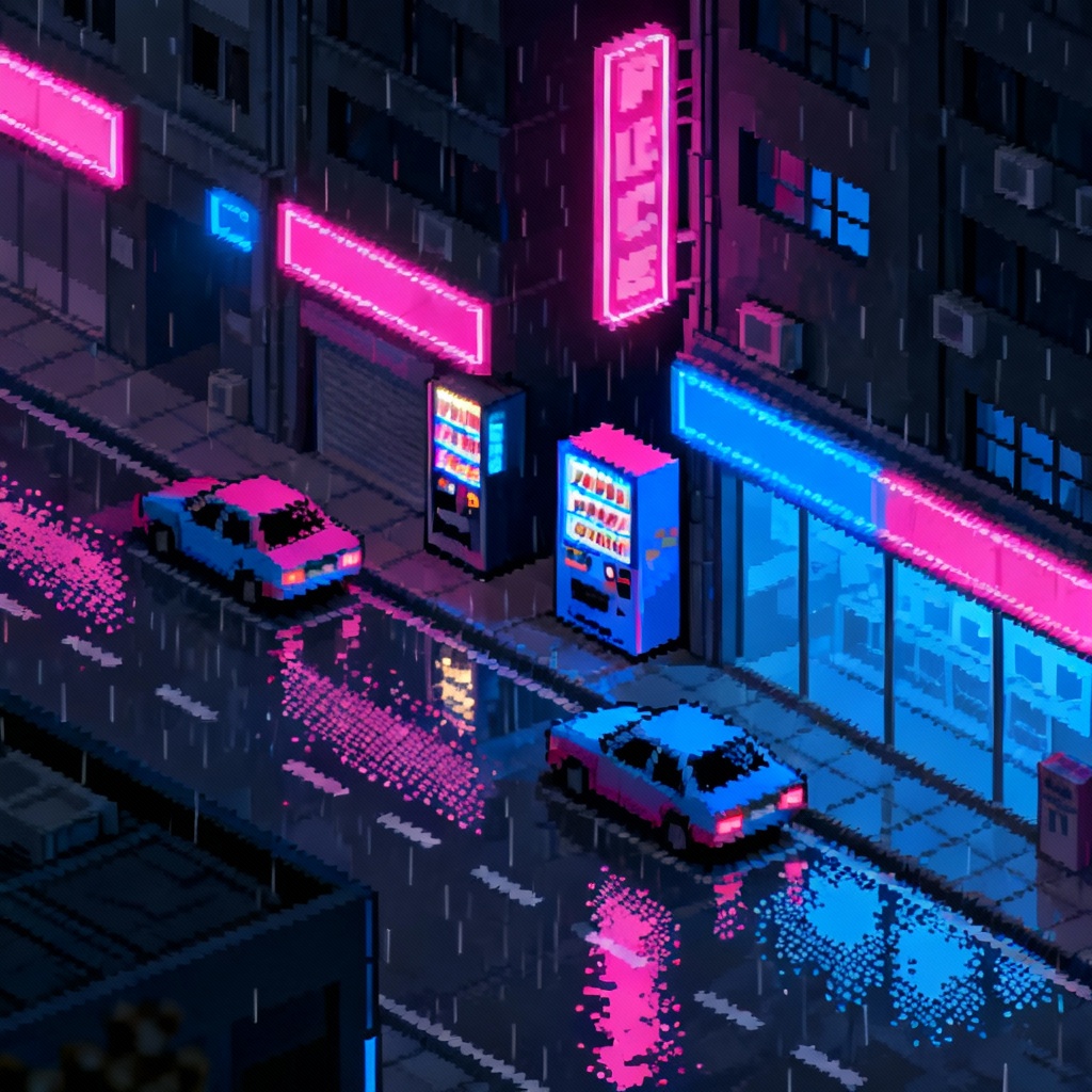 AI isometric neon pixel city at night