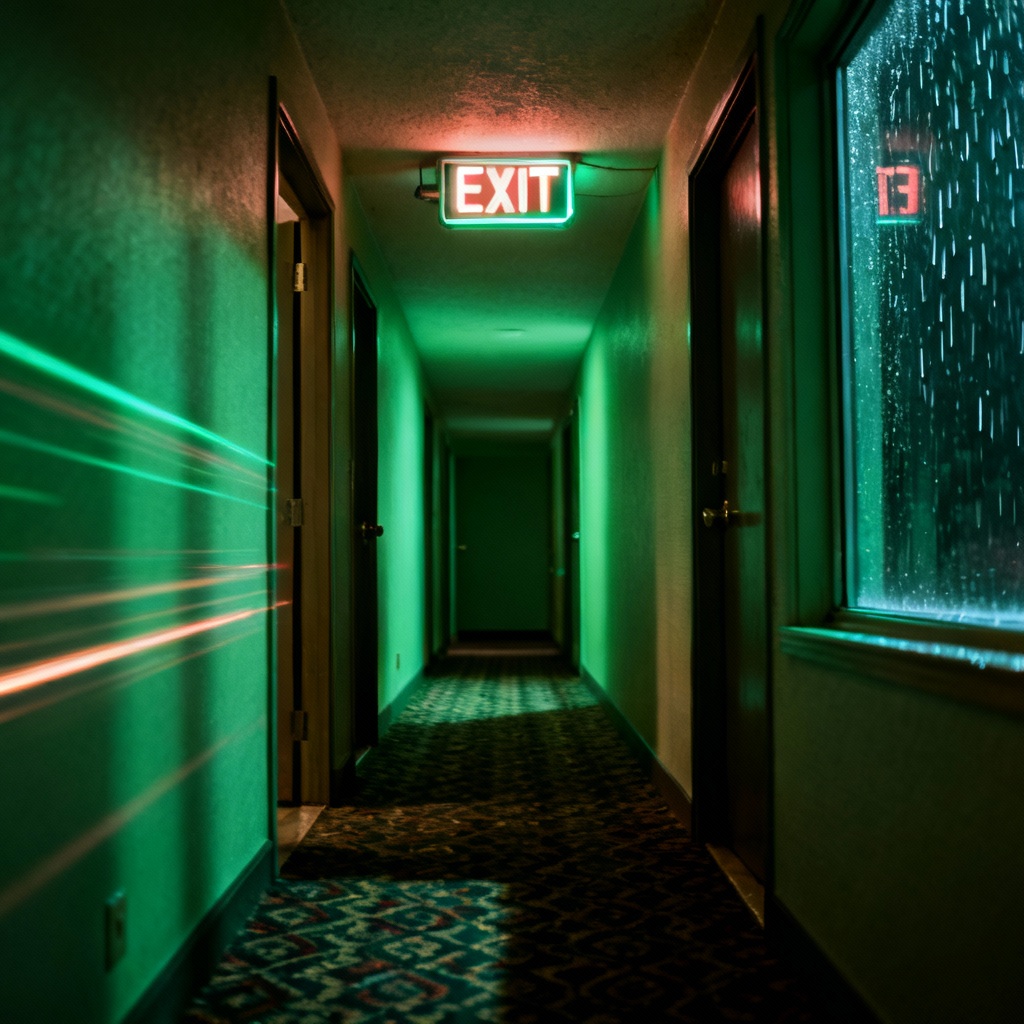AI haunted motel corridor with neon exit sign