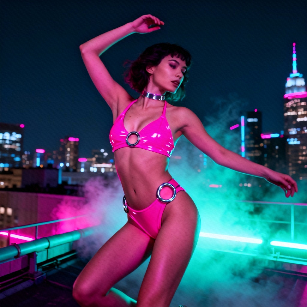Cyberpunk neon latex bikini fashion look