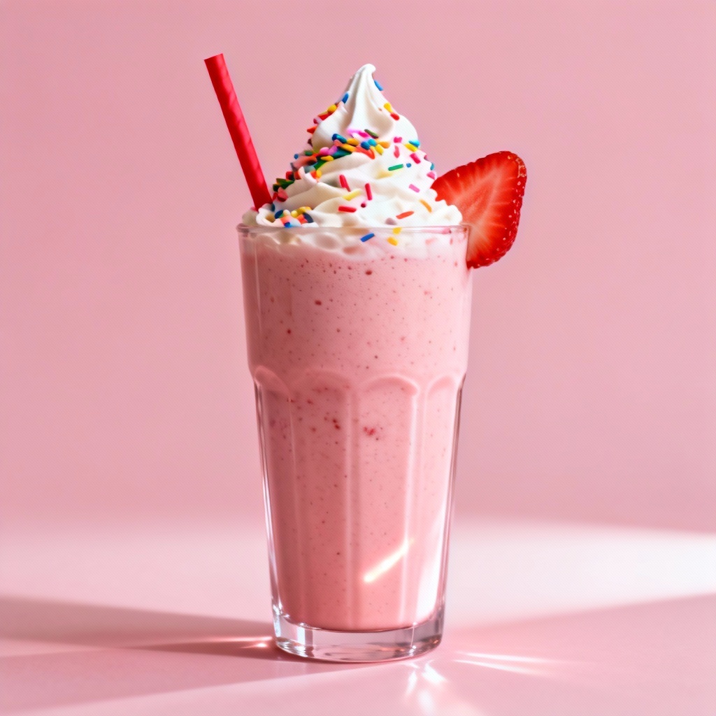 Photorealistic strawberry milkshake with whipped cream and sprinkles in a studio setup