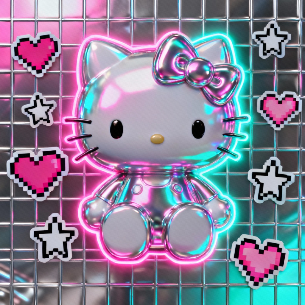 Neon vaporwave Y2K Hello Kitty PFP with grid and hearts