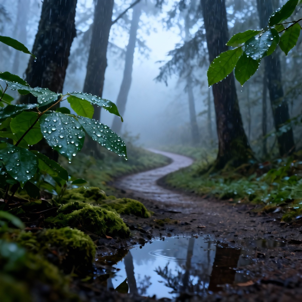 Rainy forest trail with fog and puddles