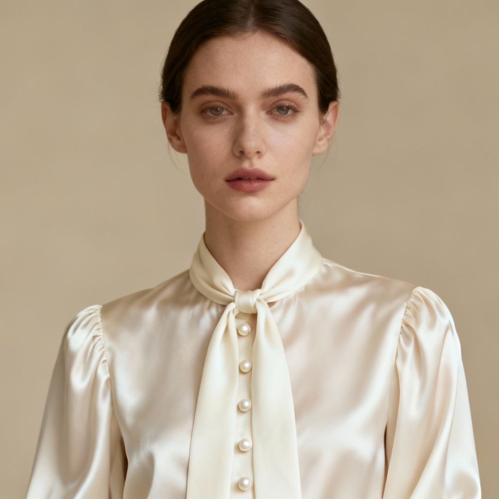Silk tie-neck cream blouse on model with pearl buttons