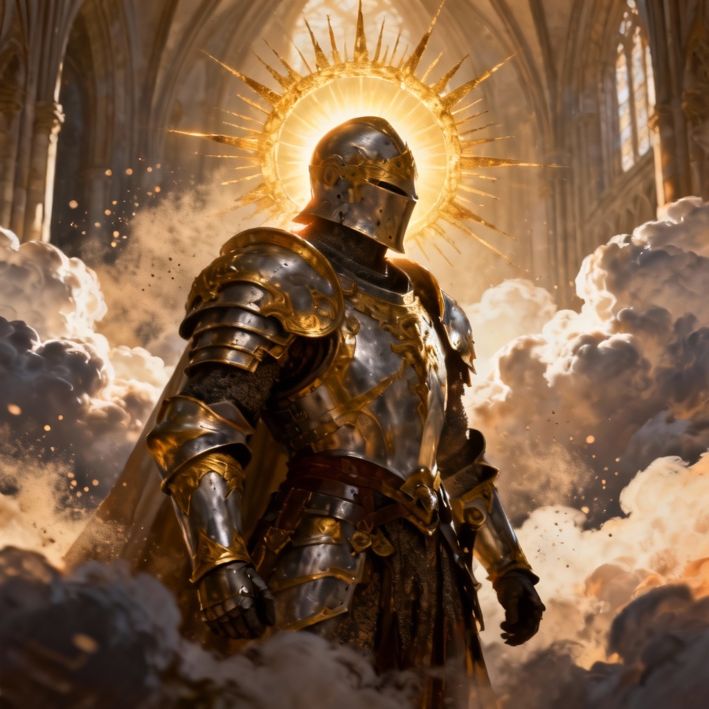 Fantasy warrior with radiant sunburst golden halo