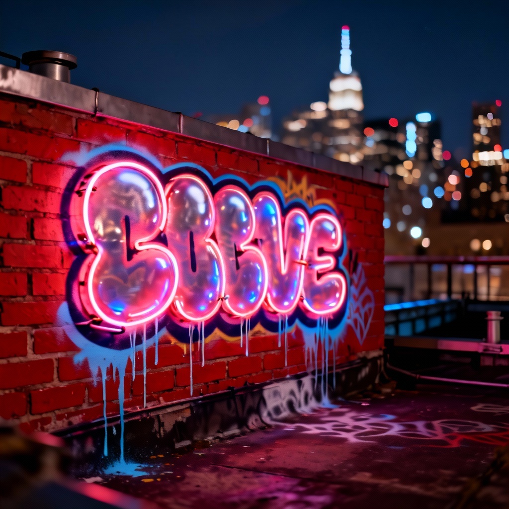 AI graffiti tag glowing on a brick rooftop wall at night