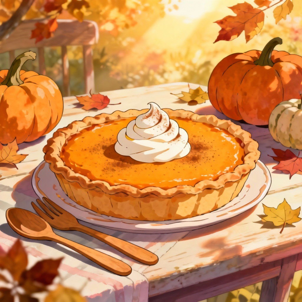 AI ghibli pumpkin pie on a warm autumn table