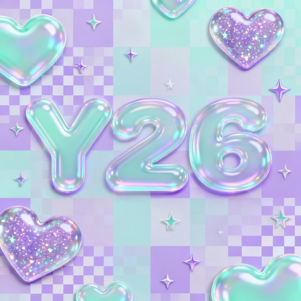 Pastel Y2K checkerboard with bubble typography and stickers