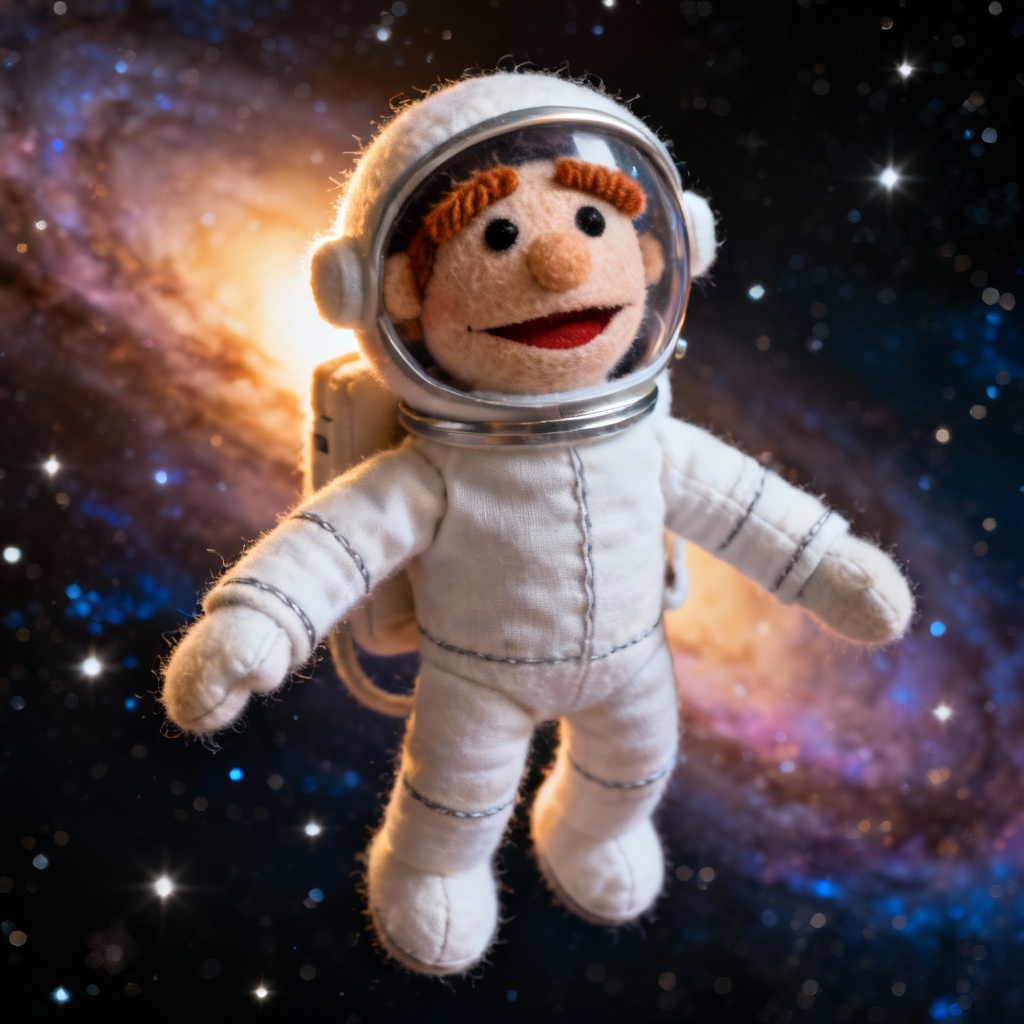AI muppet-style astronaut puppet floating in space