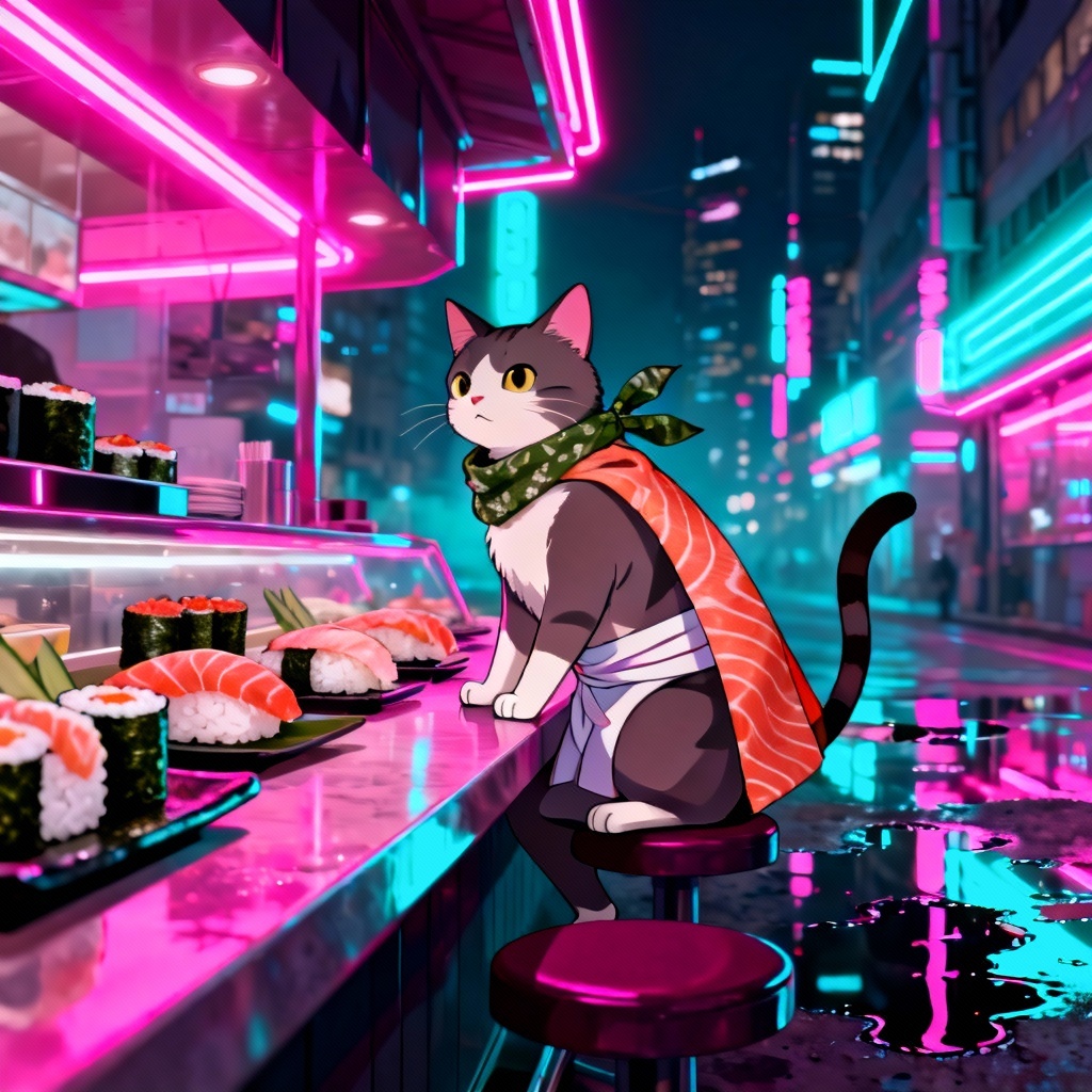 Cyberpunk neon sushi cat at night