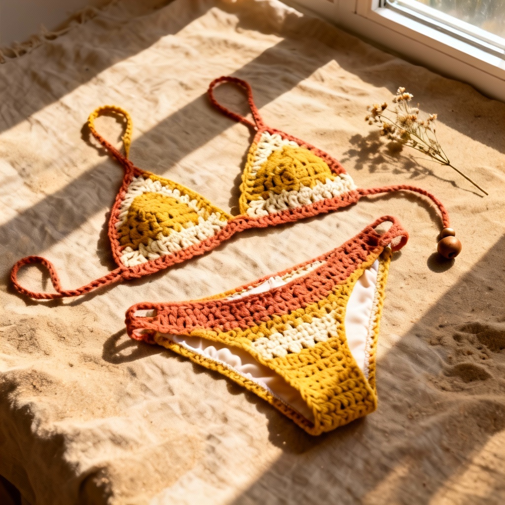 AI flat lay of crochet micro bikini set for product showcase