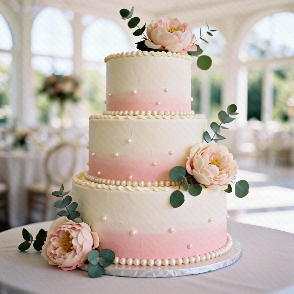 AI ombre pearlized wedding cake frosting with sugar flowers