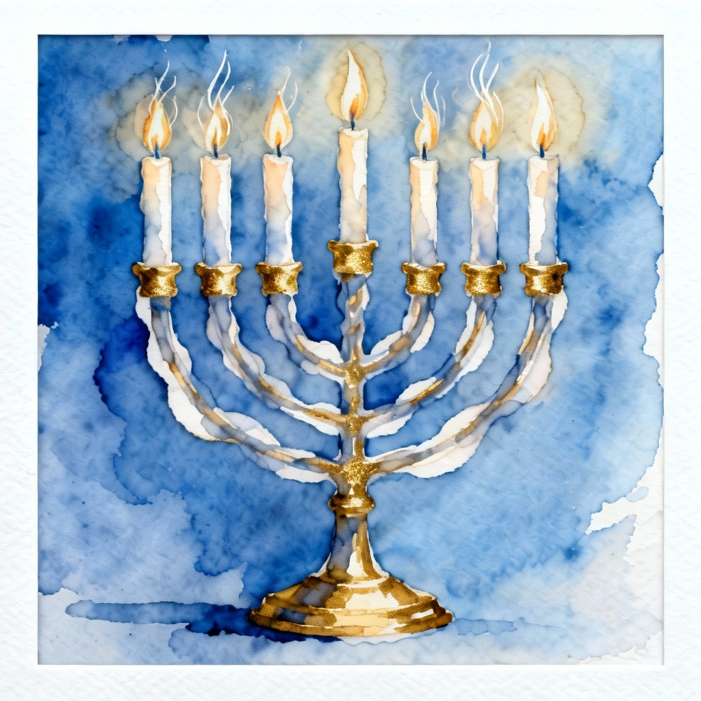 Watercolor style menorah lighting artwork for greeting cards