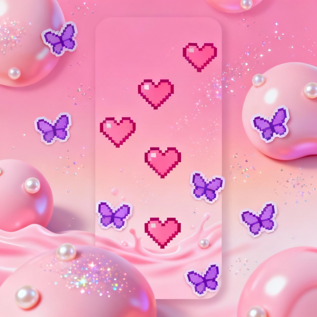 Cute Y2K phone wallpaper with pink hearts and butterflies