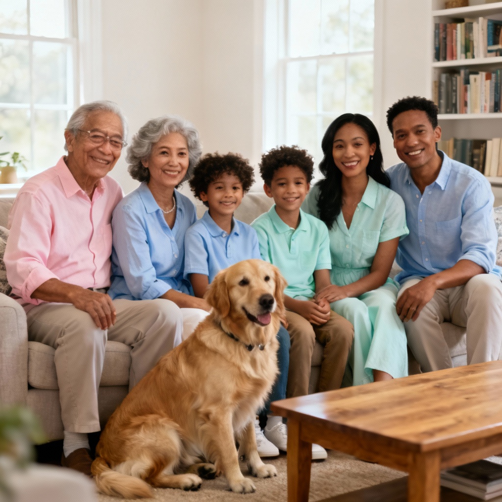 AI family portrait of diverse parents, kids, grandparents, and a golden retriever in a cozy living room